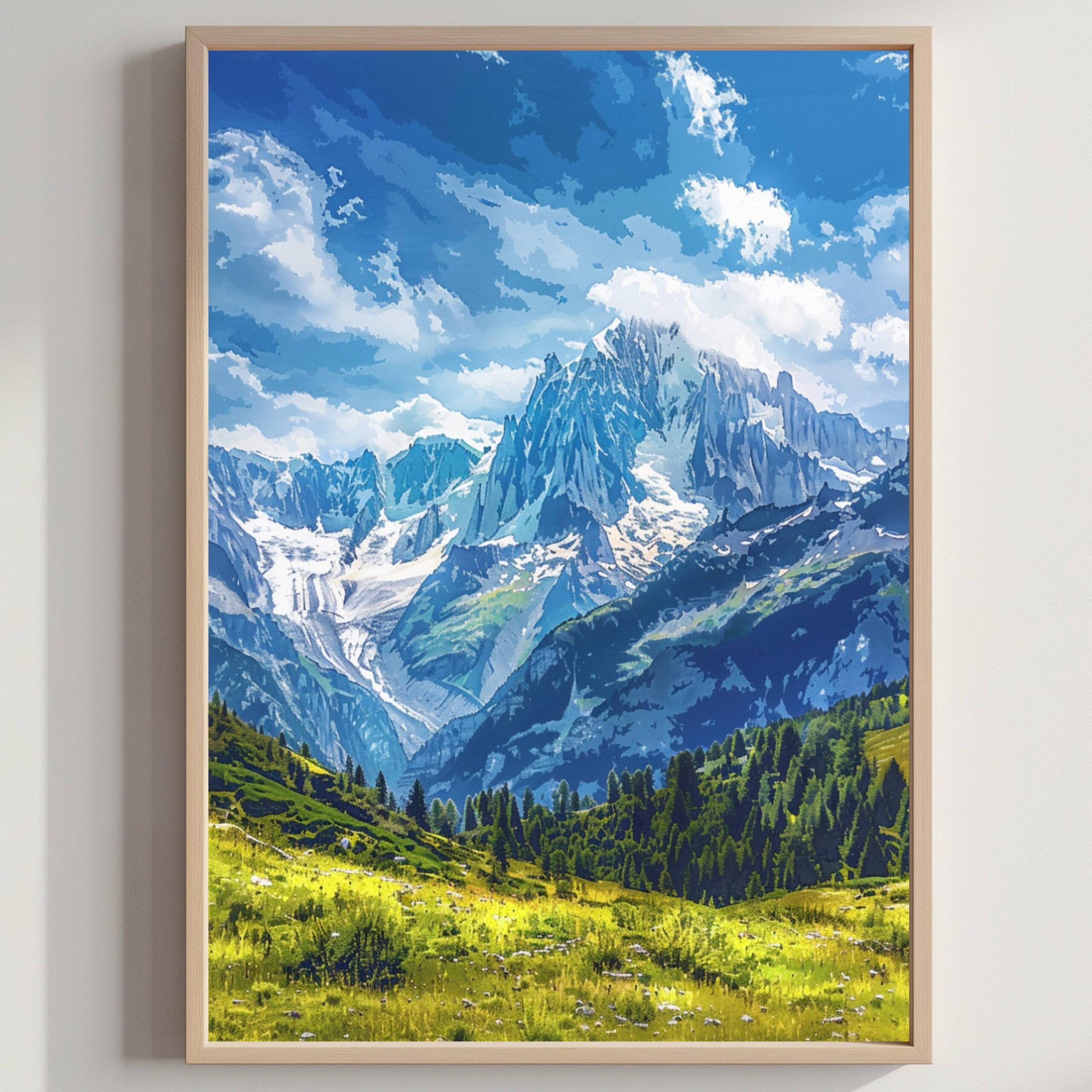 Mont Blanc Mountain Switzerland Europe Watercolor Print: Vacation Travel Art Poster