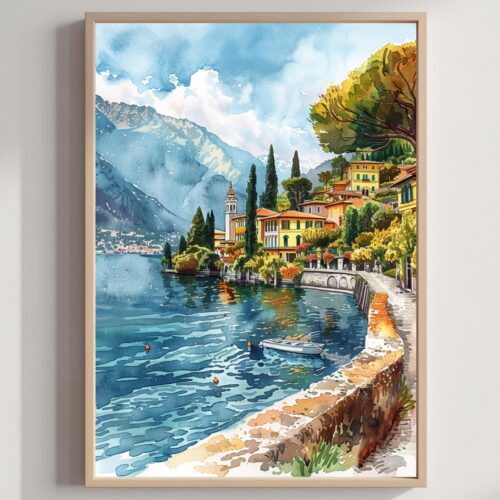 Lake Como Italy Watercolor Print: Travel Art Poster