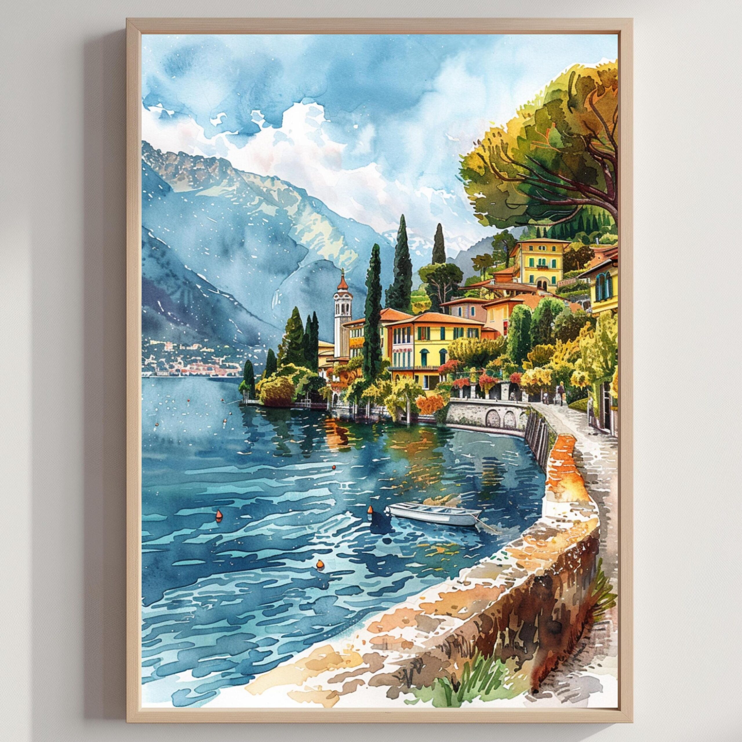 Lake Como Italy Watercolor Print: Travel Art Poster