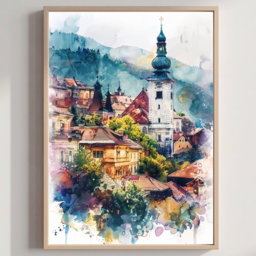 Romania Watercolor Art Print: Europe Travel Art Poster