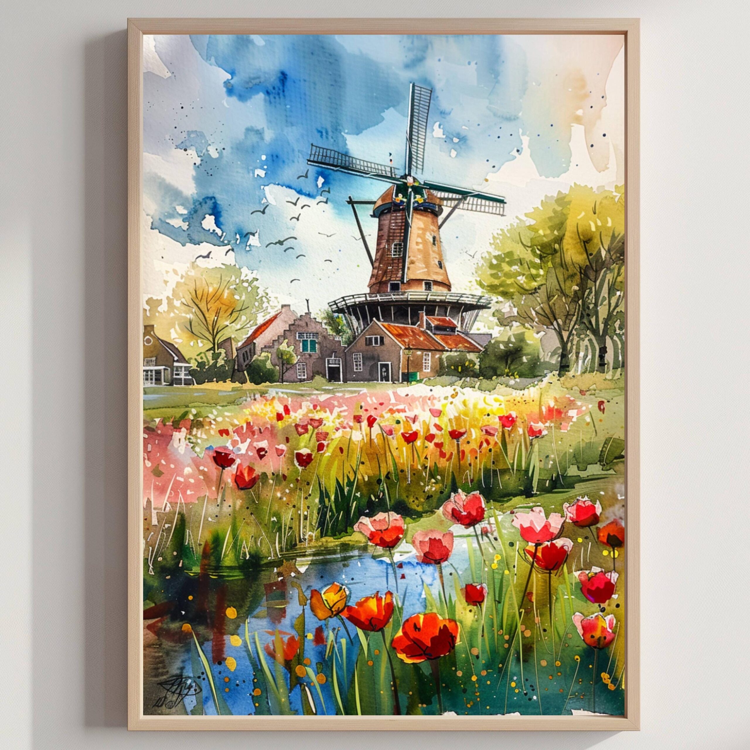 The Netherlands (Holland) Europe Watercolor: Travel Poster Print