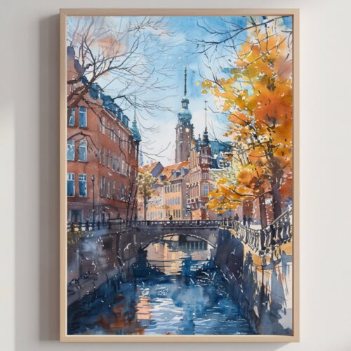 Copenhagen Denmark Europe Watercolor Print: Travel Art Poster