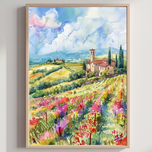 Tuscany Italy Europe Watercolor Print: Italian Travel Art Poster