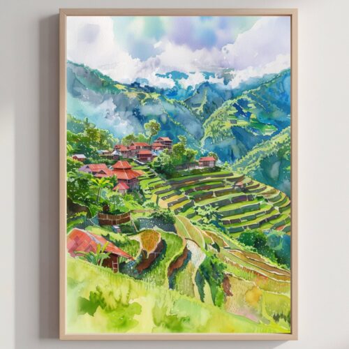 Batad Rice Terraces Philippines Watercolor: Asian Travel Art Poster