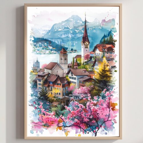 Switzerland Watercolor Art Print: Europe Travel Poster