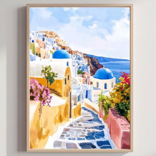 Santorini Island Greece Watercolor: Greek Travel Art Poster