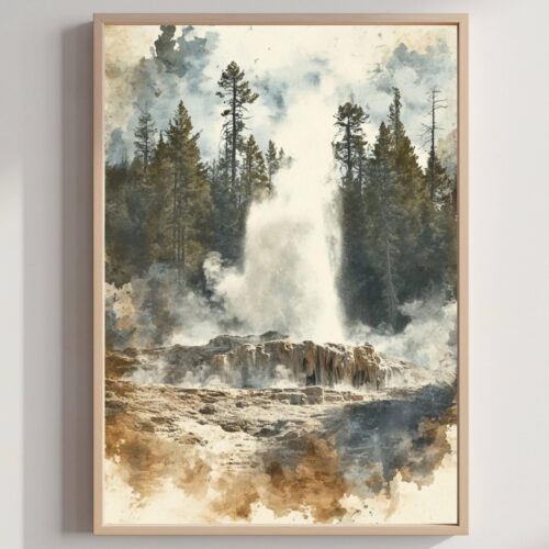 Yellowstone National Park Wyoming USA Watercolor: Travel Art Poster