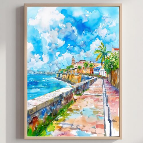 San Juan Puerto Rico Caribbean Watercolor: Travel Art Poster
