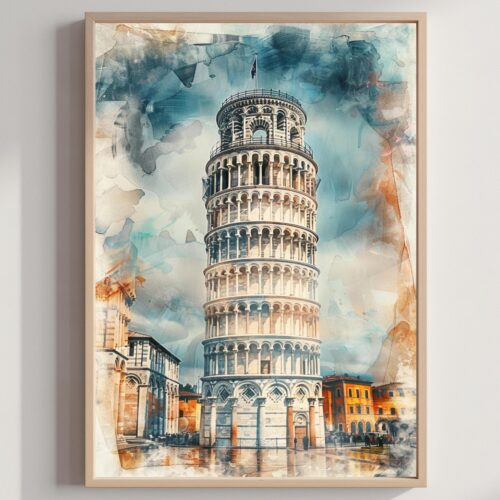 Leaning Tower of Pisa Italy Europe Watercolor Print: Travel Art Poster