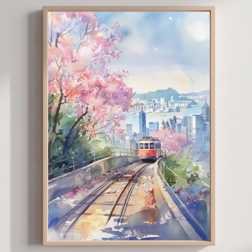 Victoria Peak Hong Kong China Watercolor Print: Asia Travel Art Poster