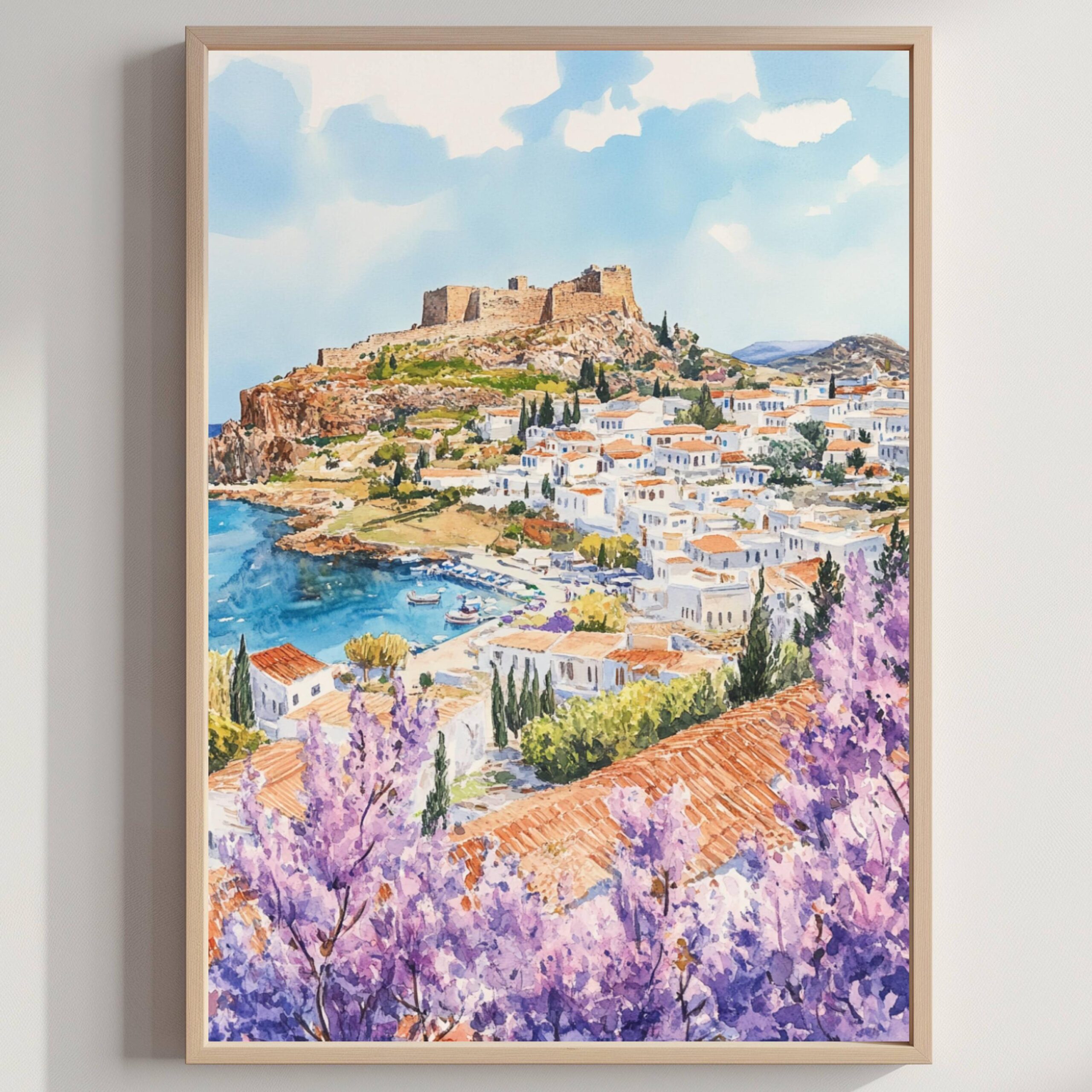 Lindos Rhodes Greece Europe Watercolor: Travel Poster
