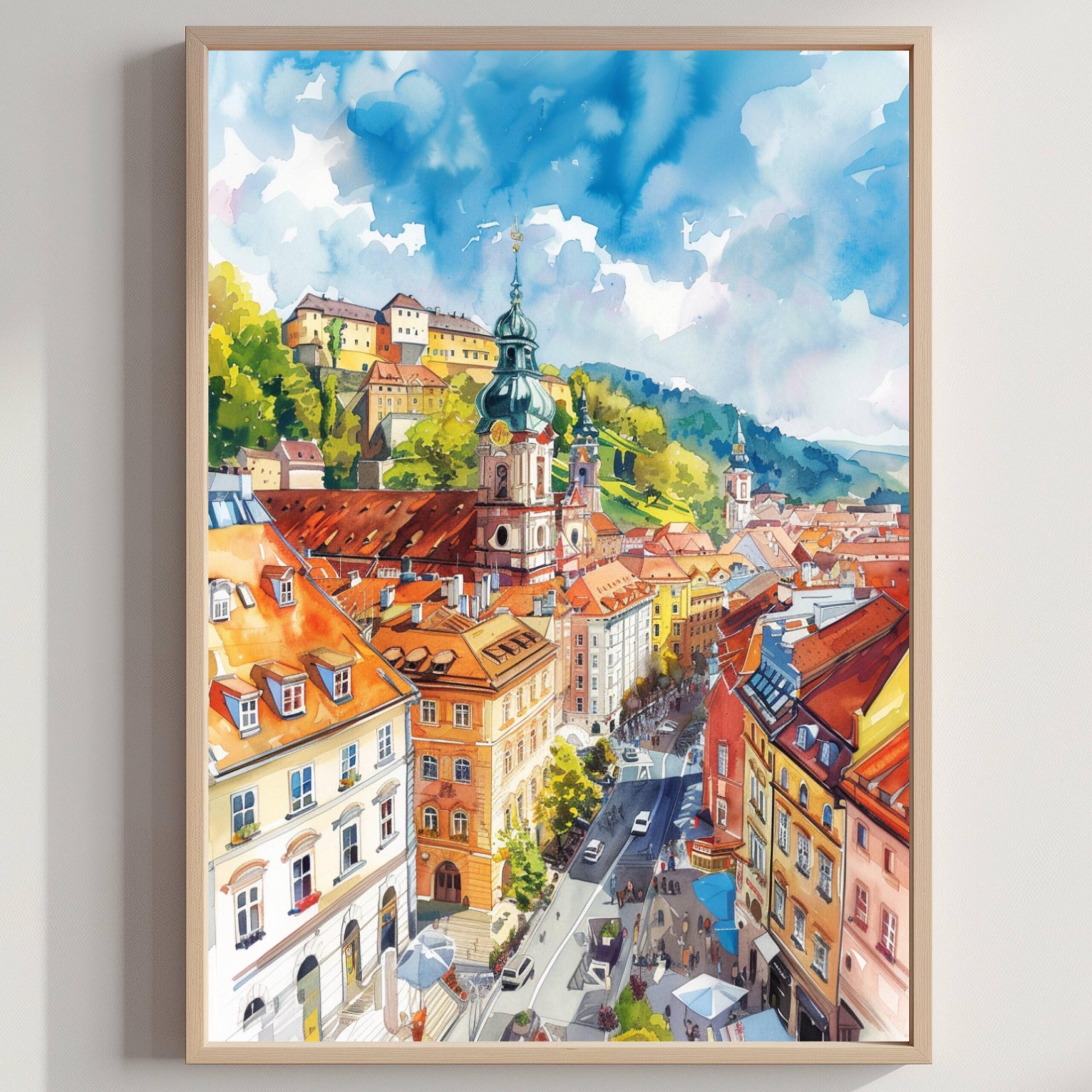Graz Austria Europe Watercolor Print: Vacation Travel Art Poster
