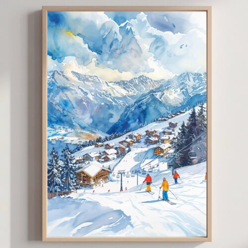 Veysonnaz Ski Resort Switzerland Watercolor: Vacation Travel Art Poster