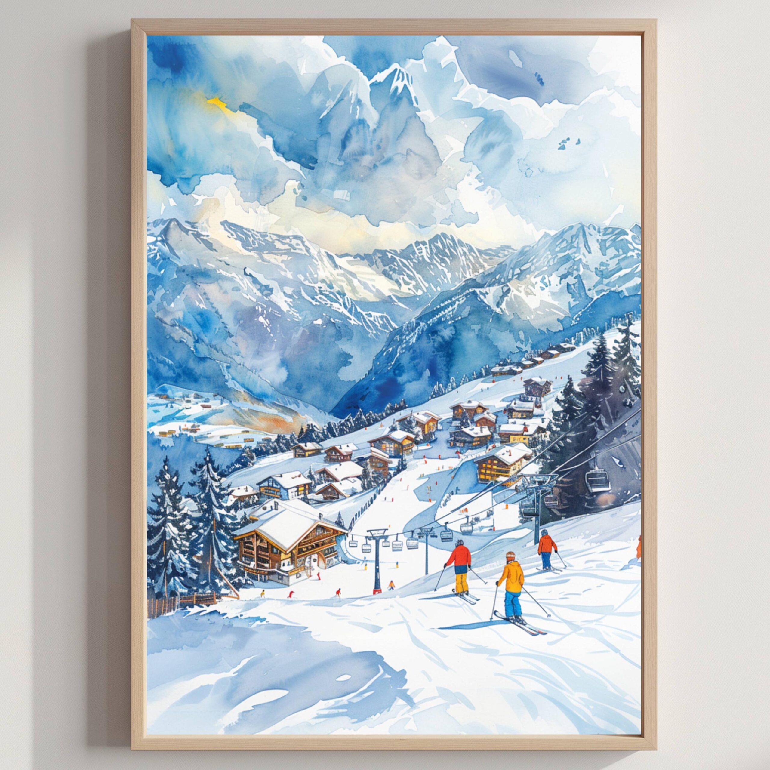 Veysonnaz Ski Resort Switzerland Watercolor: Vacation Travel Art Poster