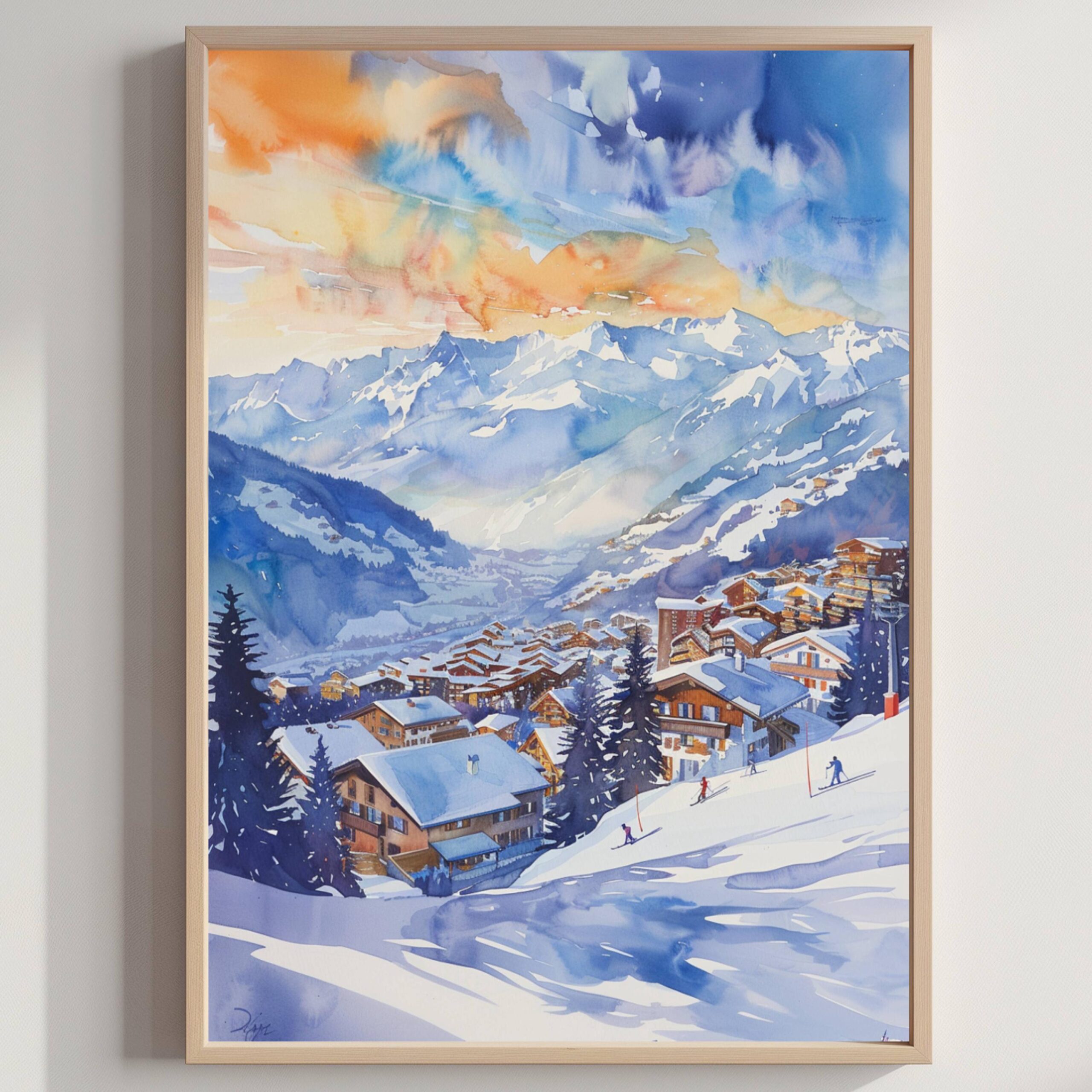 Verbier Ski Resort Switzerland Watercolor: Vacation Travel Art Poster
