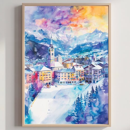 Saint Moritz Ski Resort Switzerland Watercolor: Vacation Travel Art Poster