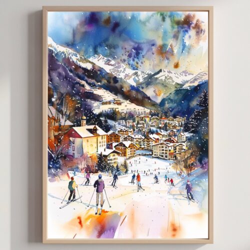 Klosters Ski Resort Switzerland Watercolor Print: Vacation Art Travel Poster