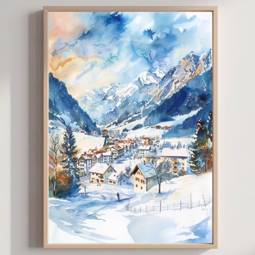 Engelberg Ski Resort Switzerland Watercolor Print: Vacation Travel Art Poster