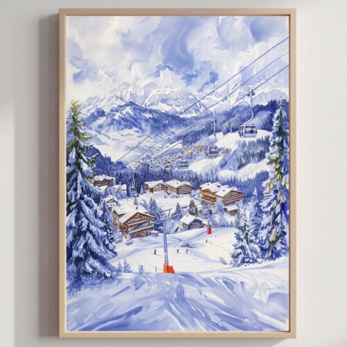 Gstaad Ski Resort Switzerland Watercolor Print: Vacation Travel Art Poster