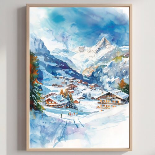 Grindelwald Ski Resort Switzerland Watercolor Print: Vacation Travel Art Poster