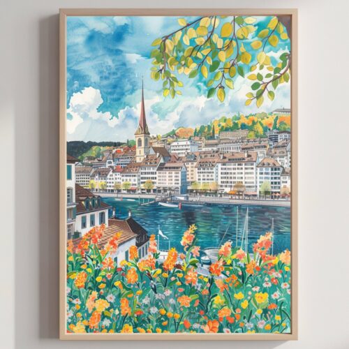 Zurich Switzerland Europe Watercolor Print: Vacation Travel Art Poster
