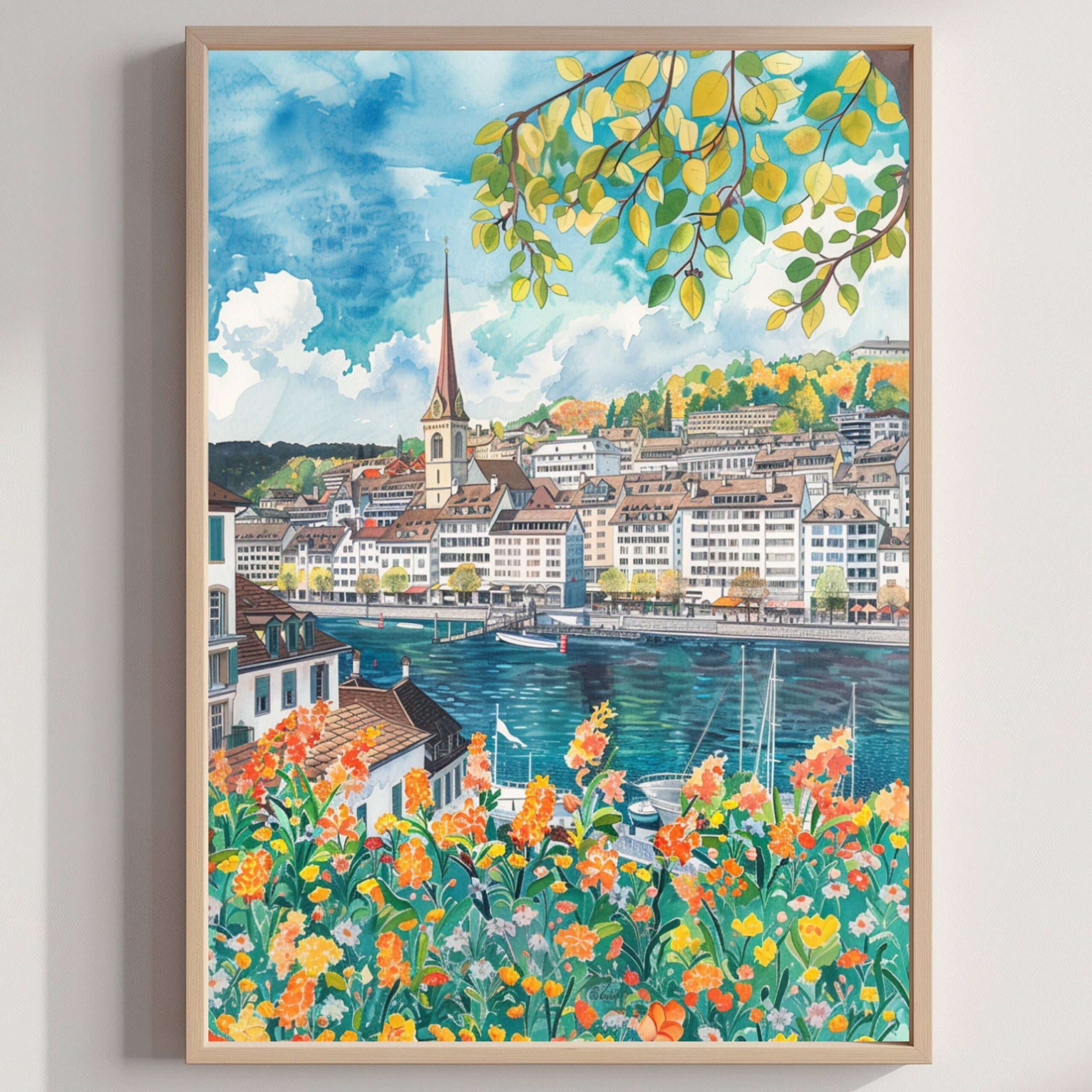 Zurich Switzerland Europe Watercolor Print: Vacation Travel Art Poster