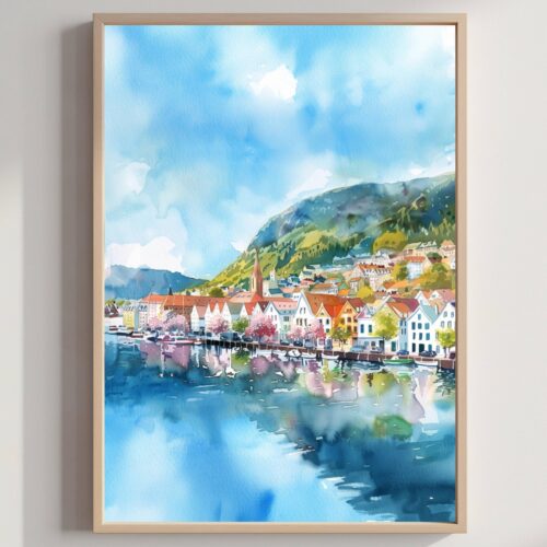 Bergen Norway Scandinavia Watercolor Print: Vacation Travel Art Poster