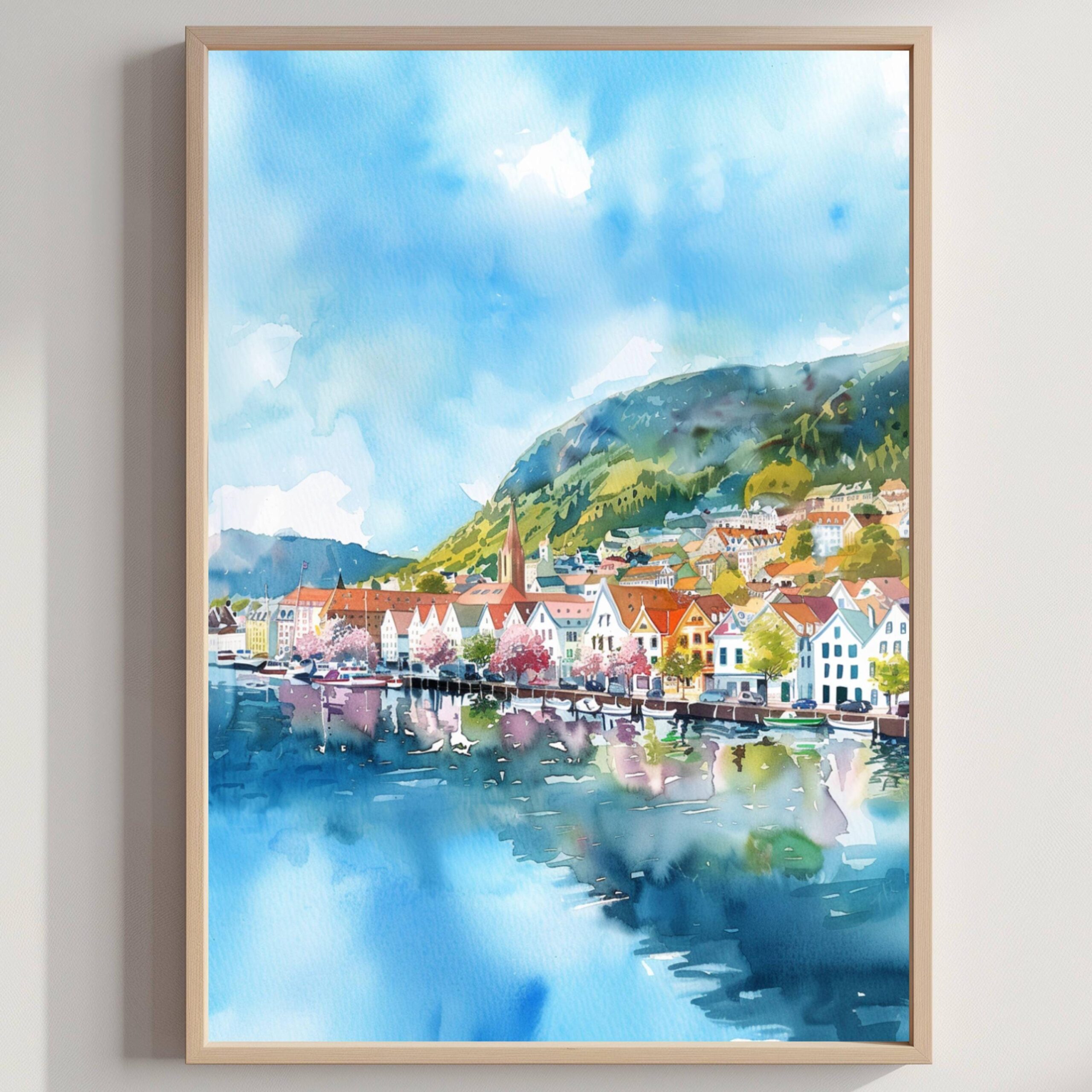 Bergen Norway Scandinavia Watercolor Print: Vacation Travel Art Poster