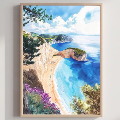 Navagio Beach Elatia Greece Watercolor: Travel Art Poster