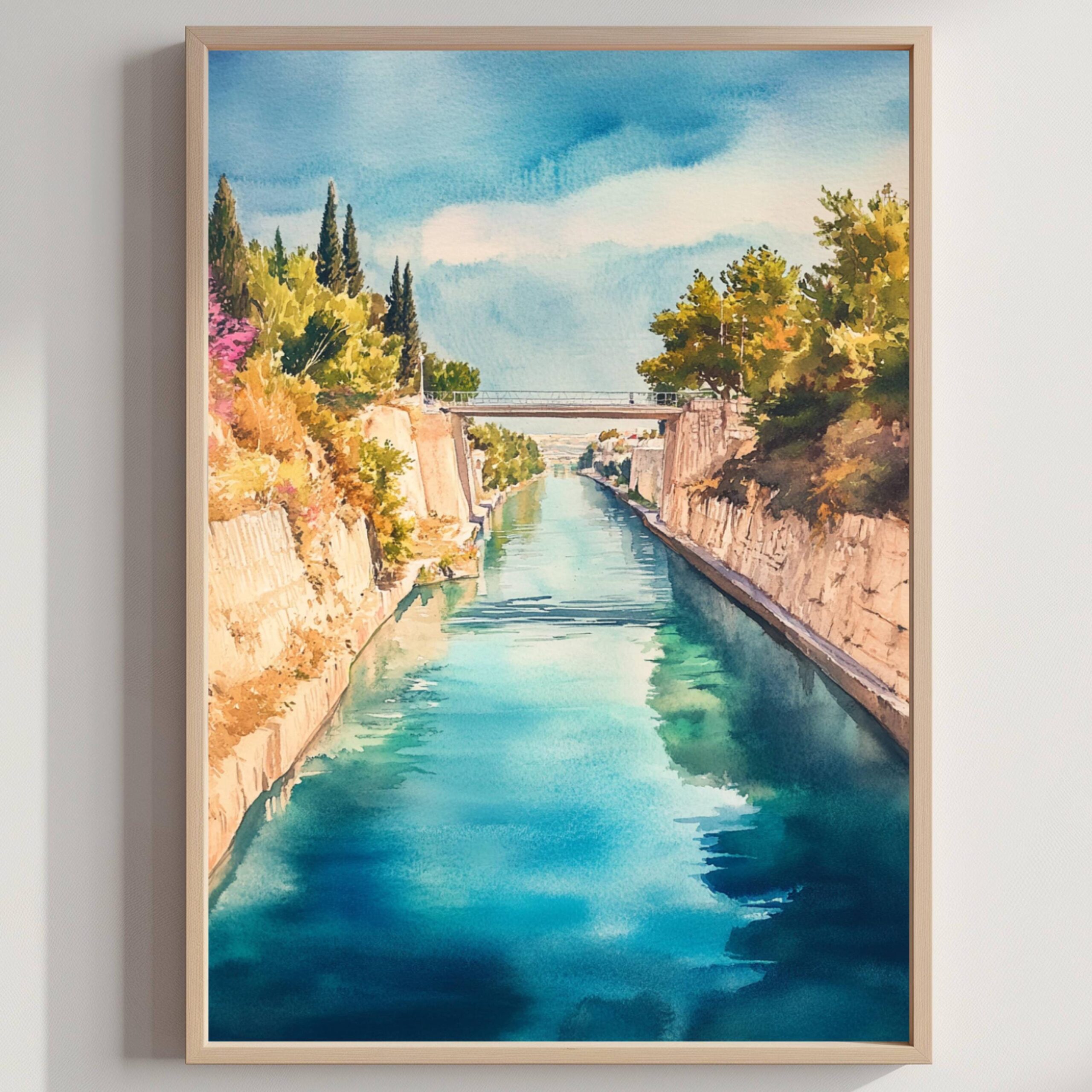 Corinth Canal Greece Europe Watercolor Print: Greek Travel Art Poster