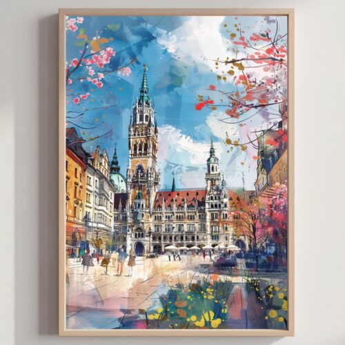 Marienplatz Munich Germany Watercolor: Travel Art Poster