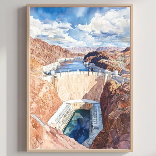 The Hoover Dam Nevada Arizona Watercolor: USA Travel Poster