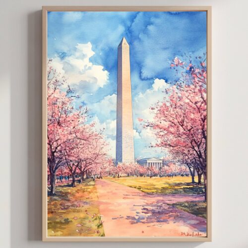 The Washington Monument Washington DC USA Watercolor: Travel Poster