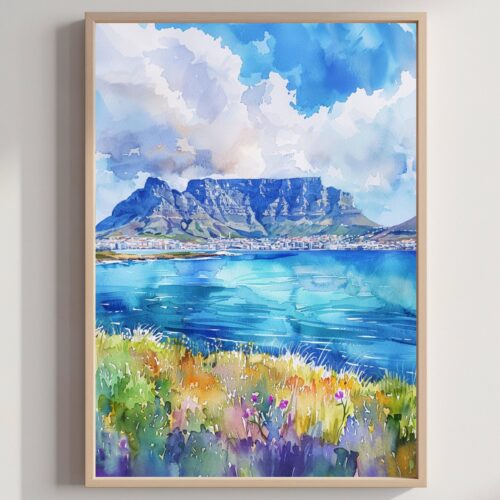 Table Mountain Cape Town Watercolor: South Africa Travel Poster