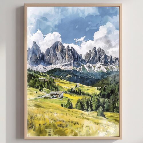 The Dolomite Mountains Watercolor: Italy Travel Poster