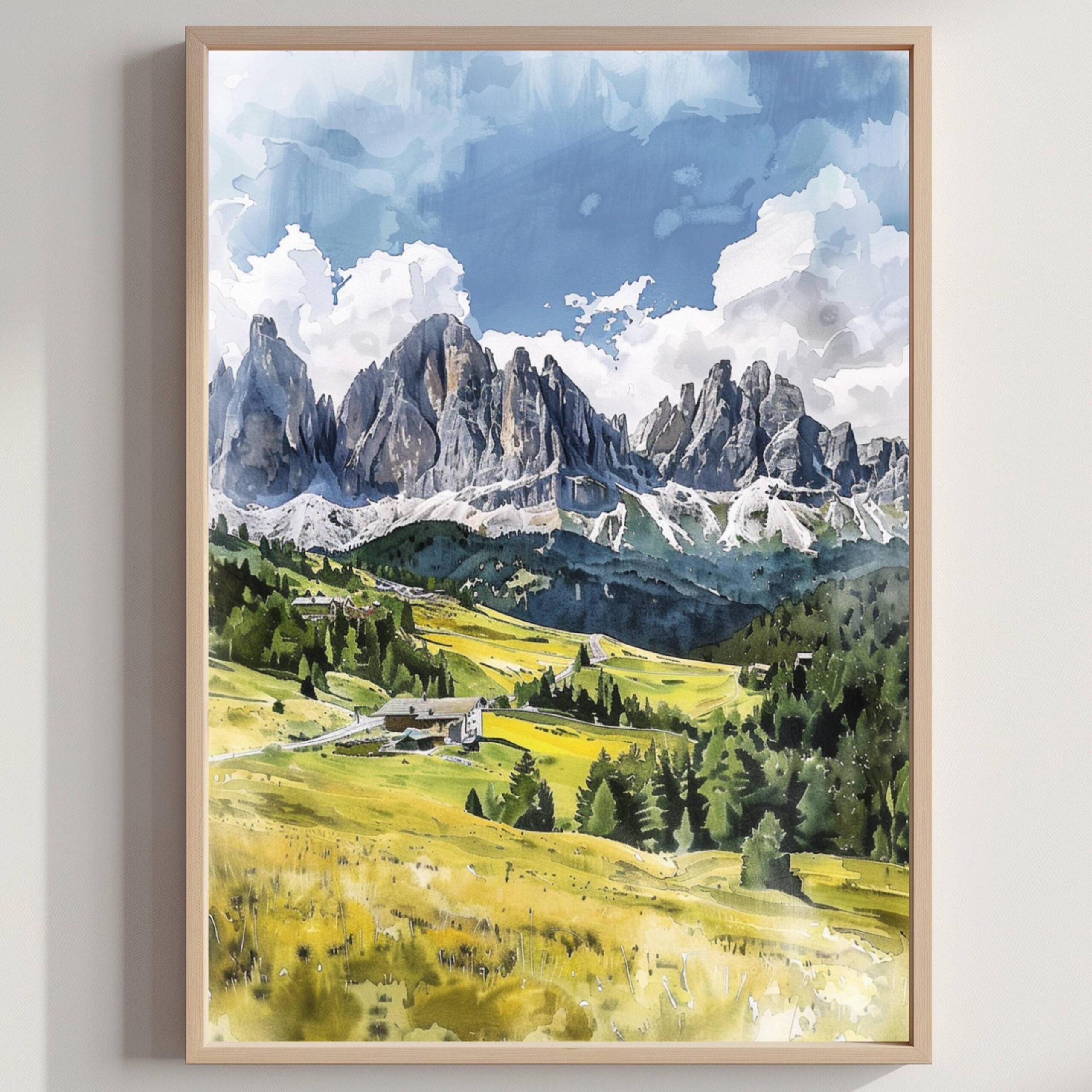 The Dolomite Mountains Watercolor: Italy Travel Poster