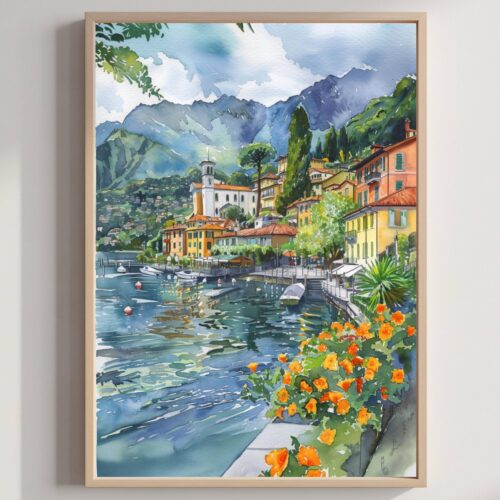 Lenno Lake Como Italy Europe Watercolor: Travel Art Poster