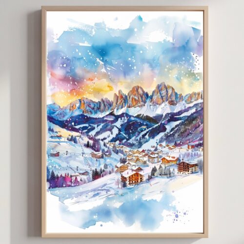 Alta Badia Ski Resort Italy Europe Watercolor: Italian Travel Art Poster