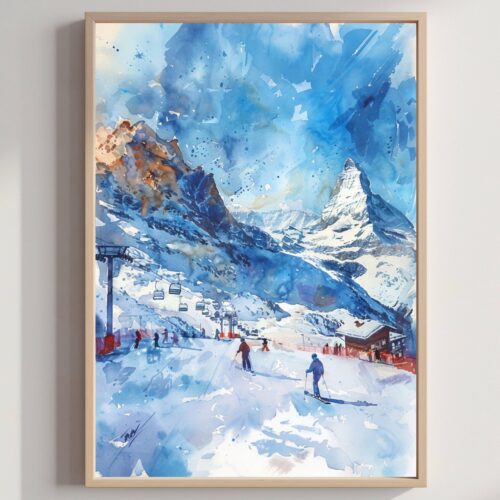 Cervinia Ski Resort Italy Europe Watercolor Print: Travel Art Poster