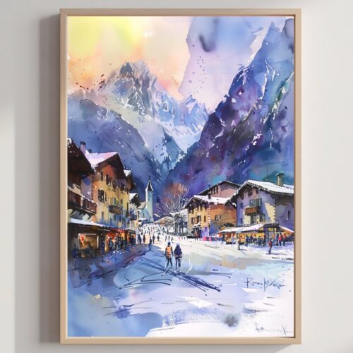 Courmayeur Ski Resort Italy Europe Watercolor Print: Travel Art Poster