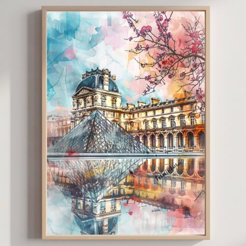 The Louvre Paris Watercolor: France Art Travel Poster