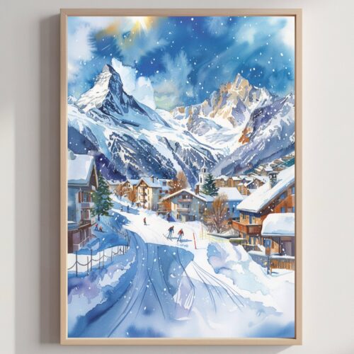 Chamonix Ski Resort France Europe Watercolor Print : Travel Art Poster