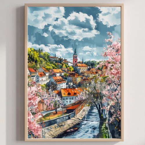 Cesky Krumlov Czech Republic Watercolor: European Art Travel Poster