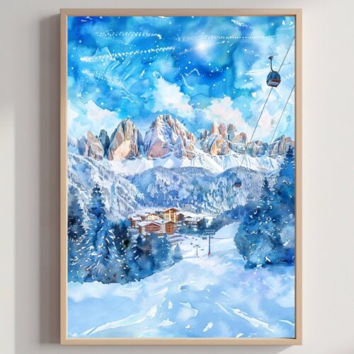 Cortina d'Ampezzo Ski Resort Italy Europe Watercolor: Travel Art Poster