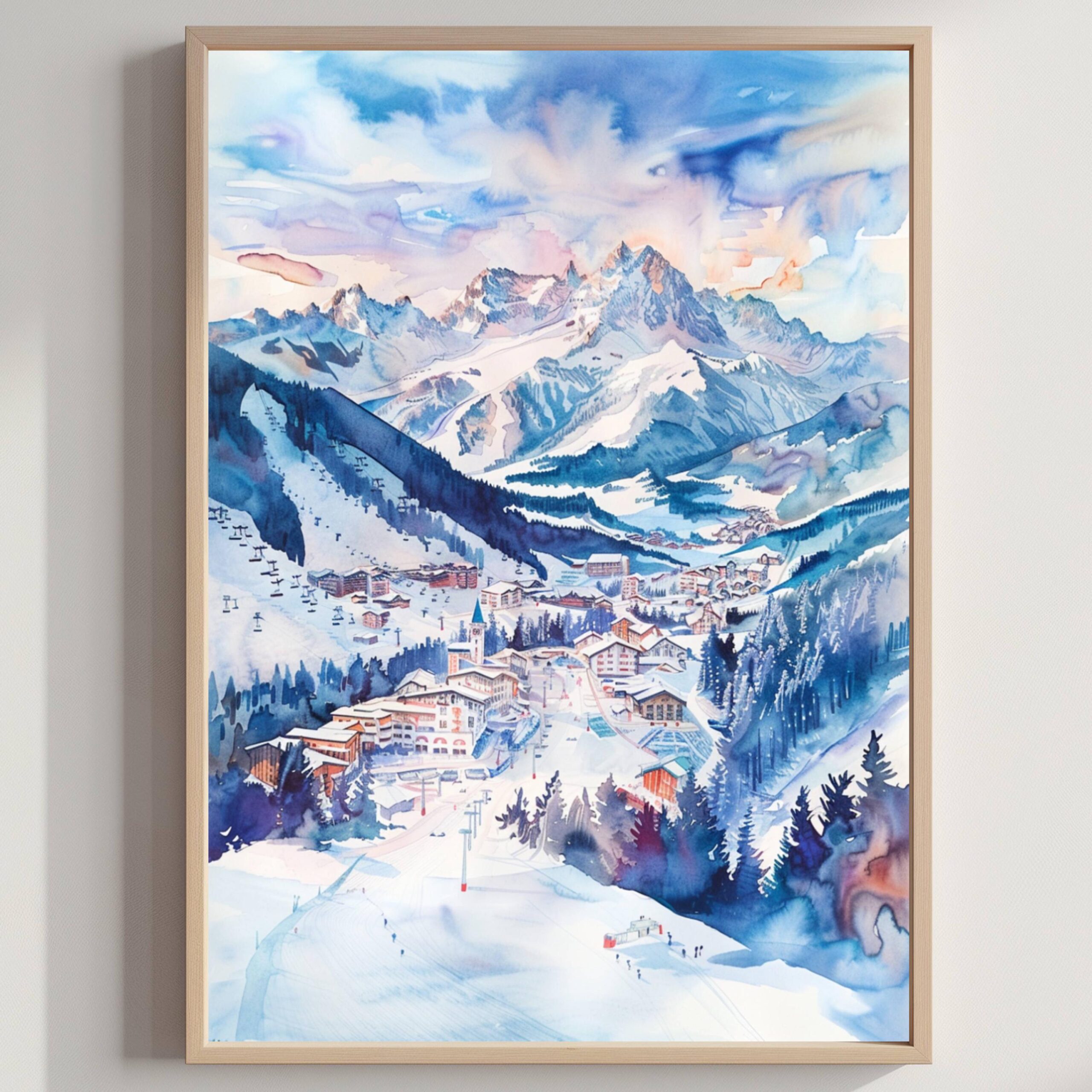 Kronplatz Ski Resort Italy Europe Watercolor Print: Travel Art Poster