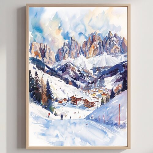 Val di Fassa Ski Resort Italy Europe Watercolor: Travel Art Poster