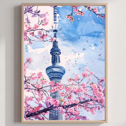 The Sky Tree Tokyo Japan Asia Watercolor: Japanese Art Travel Poster