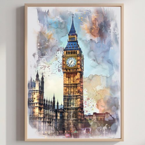 Big Ben London England Watercolor: United Kingdom Travel Art Poster