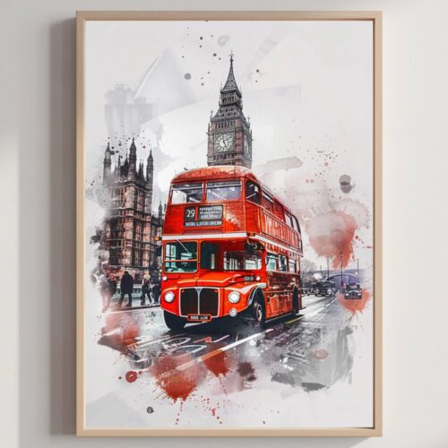 Double Decker London England Watercolor Print: United Kingdom Travel Art Poster