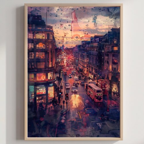 Oxford Street London England Watercolor: United Kingdom Travel Art Poster